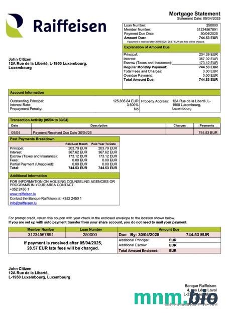 Luksemburg Banque Raiffeisen wyciąg z kredytu hipotecznego szablon Word i PDF
